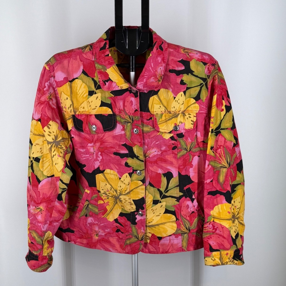 Chico's Floral Linen Cotton Blend Button Front Jacket Pink Yellow Size 2 Large